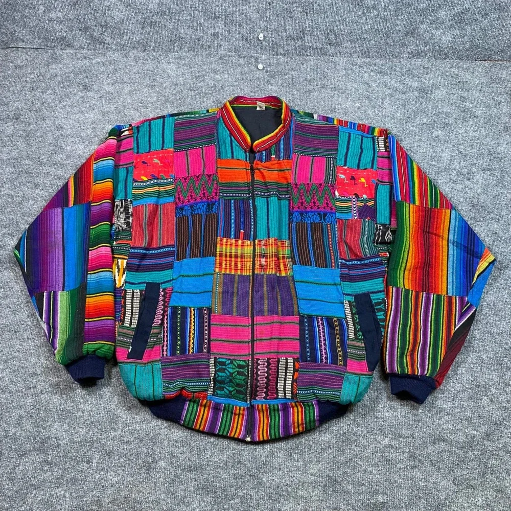 Vintage Handmade Guatemala Patchwork Cotton Bomber Jacket Multi-Color Mens XL